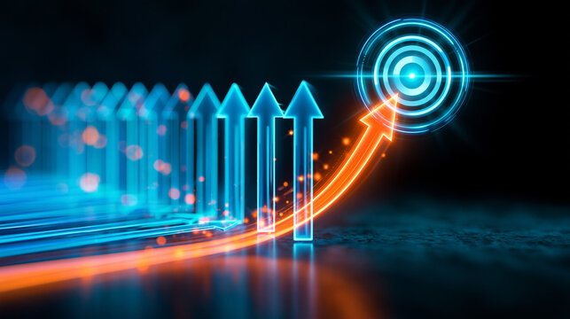 A futuristic digital graphic showing upward arrows converging towards a glowing target, symbolizing growth, progress, and goal achievement.