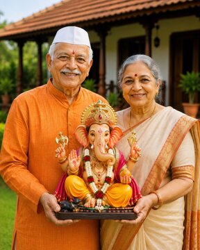 Indian senior couple holding lord ganesha statue or sculpture