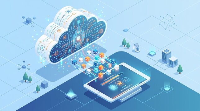 Digital Cloud Server Transferring Data to Tablet