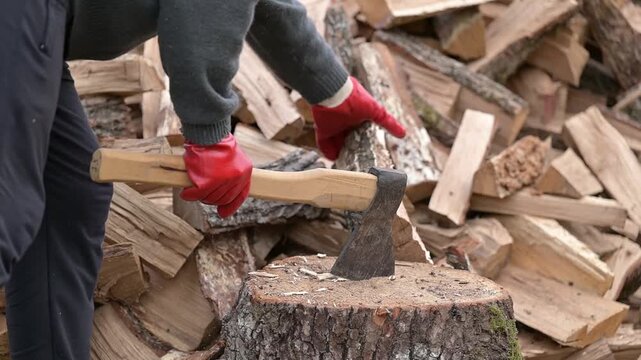 Man in red gloves chopping wood with an axe outdoors. Close-up of a man splitting a wooden log with an axe, symbolizing physical labor, energy, and fuel preparation