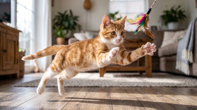 Ginger kitten pouncing on feather wand at home