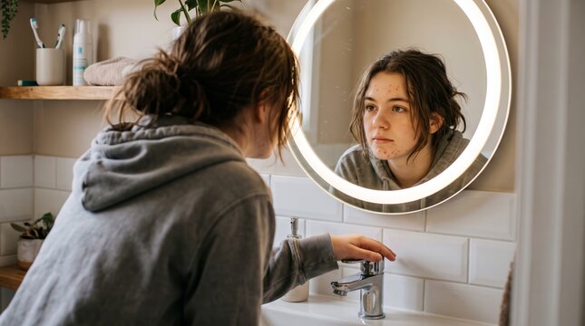 Teenage girl looking at acne in bathroom mirror