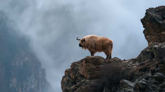 Golden takin stands on a high rocky cliff amidst misty mountain peaks.