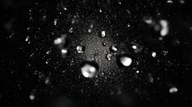 Water droplet explosion on black background with fine spray particle cloud, sparkling spray, abstract motion, bright center, dramatic contrast, dark space and splash effect