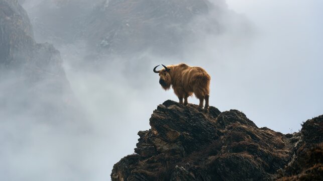 Himalayan takin perches high on a sharp rocky pinnacle enveloped by mountain fog.