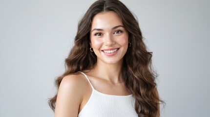 Naklejka premium Smiling young woman with healthy long wavy hair on neutral background. Ideal for skincare ads, haircare campaigns, and beauty promotional banners.