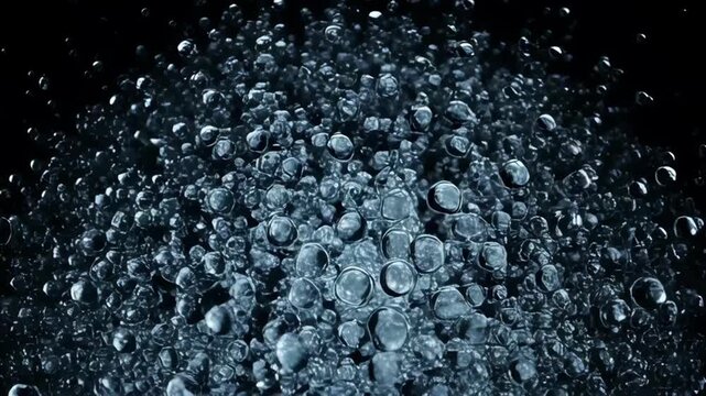 Water droplet explosion in abstract dark background with shiny bubble cluster, liquid splash, blue glass reflective sphere, glossy geometric macro texture and circular pattern