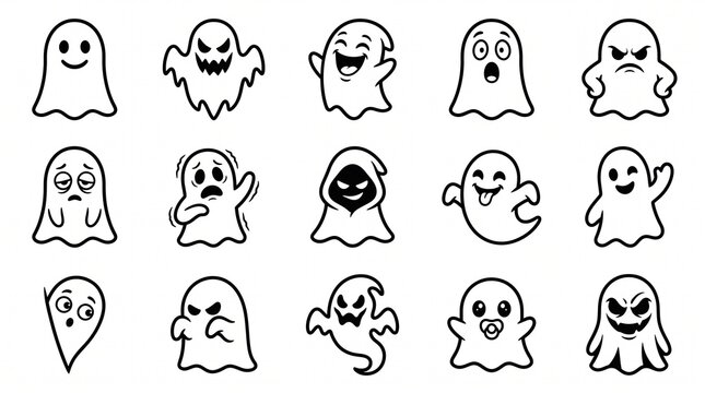 Halloween ghost icons set, 15 cute spooky spirits with different expressions, black and white cartoon ghost collection for holiday design