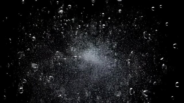 Water droplet explosion with particle cloud black background, glass sphere with liquid bubble composition, spray mist and suspended bubbles, abstract black liquid burst with dramatic contrast