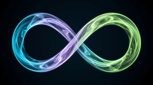 abstract luminous glowing infinity symbol formed by swirling smoky plasma energy lines in blue, purple, and green gradients against a deep dark background.