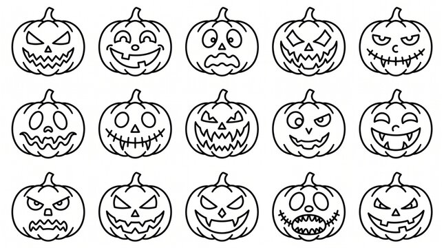 Halloween pumpkin line art set, 15 jack-o-lantern icons with scary faces, black and white spooky pumpkin outlines for coloring