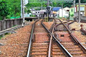 Fototapeta premium 複雑に分岐・交差する線路と転轍機などの鉄道インフラ設備