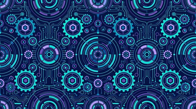 Futuristic Blue Circuit and Mechanical Gear Pattern