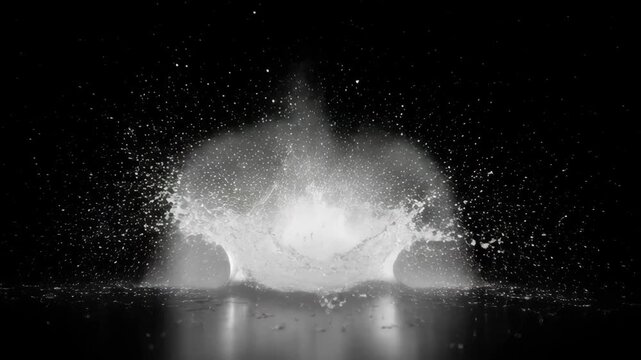 Water droplet explosion with dynamic splash, fine spray, falling liquid macro impact on black background, isolated motion and clear water surface reflection