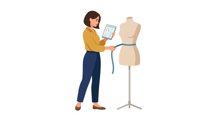 Fototapeta premium Female fashion designer measuring mannequin while using digital tablet for clothing design flat vector element