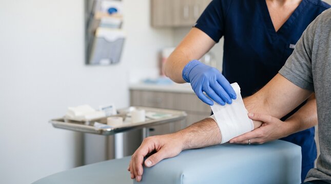Nurse applying bandage to patient's arm in medical examination room