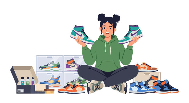 Female sneakerhead influencer showcasing extensive colorful shoe collection and footwear care kit flat vector element.