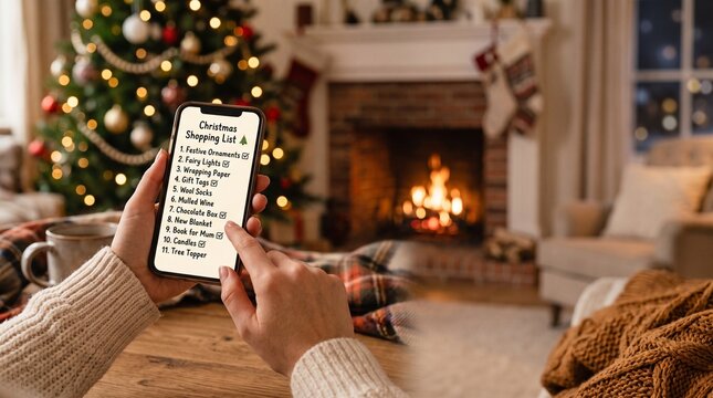Person holding smartphone with Christmas shopping list indoors