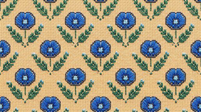 Seamless floral embroidery pattern with blue flowers on beige fabric background