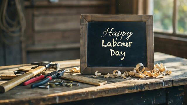 A small chalkboard with the message "Happy Labour Day" alongside various hand tools on a wooden surface