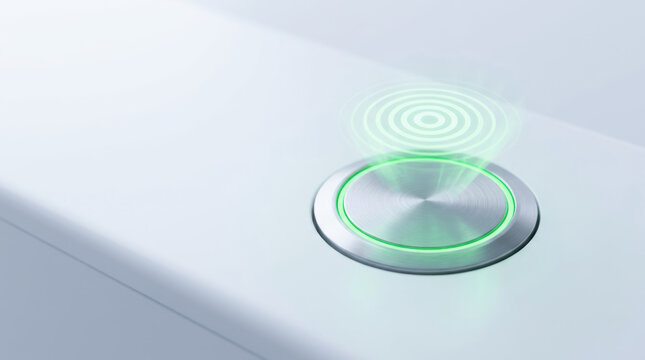 Quality audit process illustrated by modern touch button with green light and digital interface in clean environment