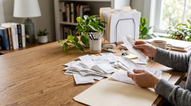 Person reviewing pile of receipts and bills at a desk