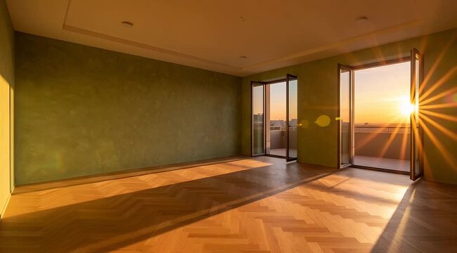 Empty luxury room with herringbone wooden flooring and green walls, sunset light streaming through balcony doors, interior design, real estate showcasing