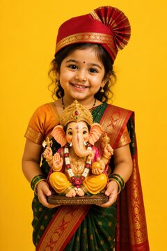 Cute indian girl holding lord ganesha statue or sculpture