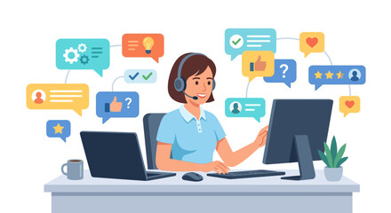 Fototapeta premium Friendly female customer service representative with headset working at desk with communication icons flat vector illustration