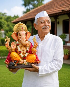 Indian senior man holding lord ganesha sculpture celebrating lord ganesha statue