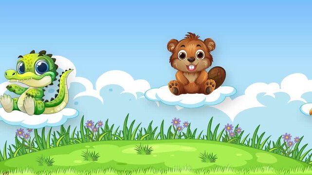 Cartoon Baby Animals Floating on Clouds Over Green Meadow