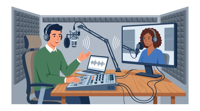 Professional Podcast Host Interviewing Remote Guest via Video Call in Studio Flat Vector Element
