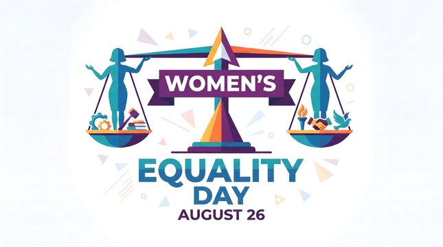 Women's equality day concept art featuring scales and female icons with august 26 date, equality