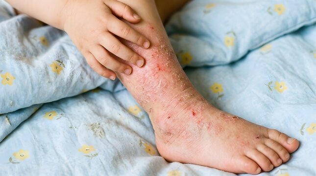 Childs foot and ankle covered in a red itchy rash and being scratched