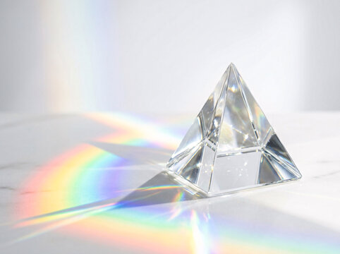 Glass crystal pyramid refracting light into a colorful rainbow spectrum with refraction spectrum colorful geometry background transparent sunlight triangle