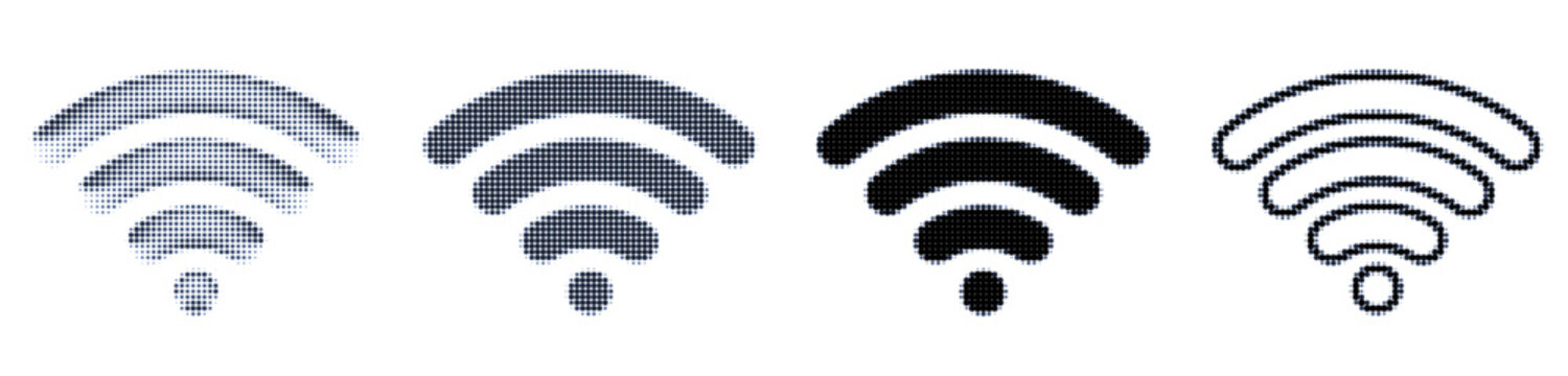 Wireless wifi signal icon set, 4 vector internet connection symbols, black and grey network hotspot signs for web design