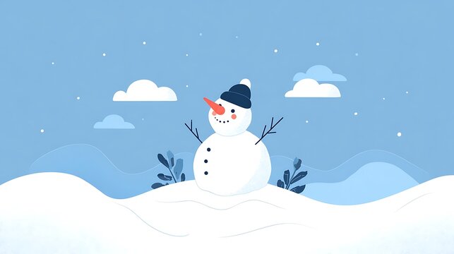 Cute Snowman Flat Illustration on Blue Background &ndash; Minimalist Winter Vector Design for Holiday Greetings
