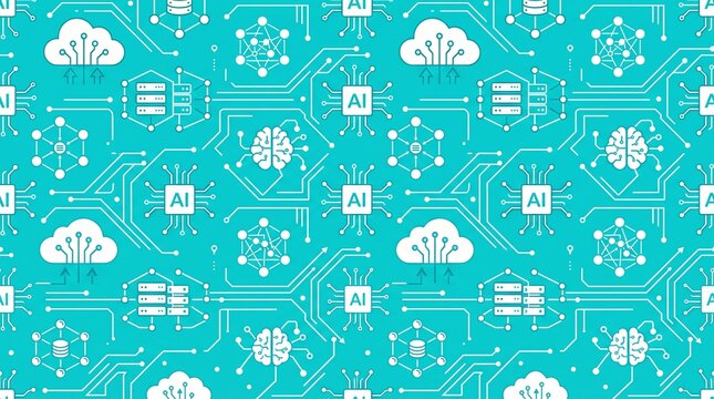 AI Technology Seamless Pattern with Cloud and Brain