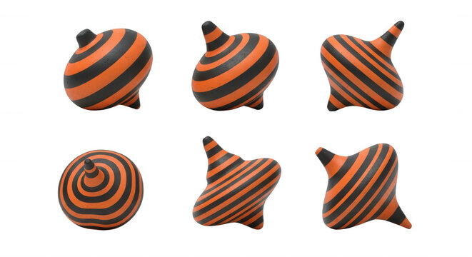 six orange and black striped tops spinning on a white surface playful abstract design or conceptual art