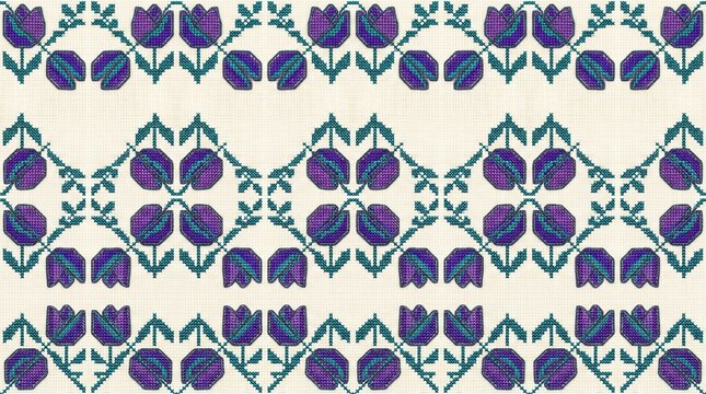 Cross stitch floral pattern seamless background with purple tulips