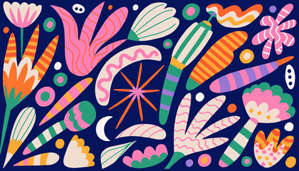 Naklejka premium Abstract Floral Pattern, Colorful Tropical Plants, Decorative Botanical Elements