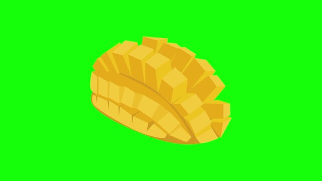 Mango, yellow cut slice fruit icon sign, isolated tropical organic fruits on green screen. Animated fresh healthy raw food cartoon. Advertisement, illustration idea, organic and natural diet symbol