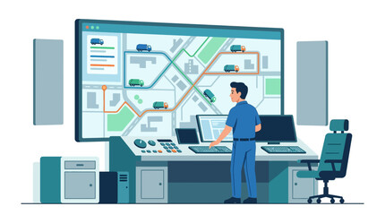 Fototapeta premium Professional logistics manager tracking delivery fleet on interactive digital map screen flat vector illustration