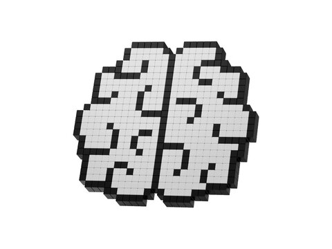 Minimalist brain icon with pixel art style for medical or tech use isolated on transparent background