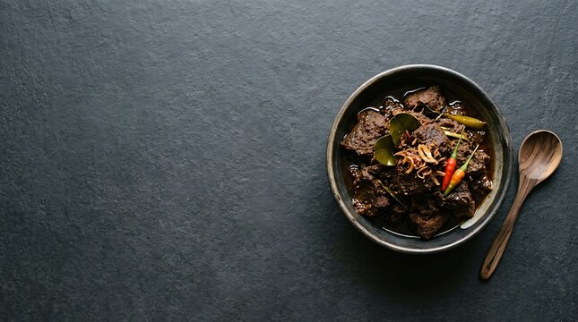 Indonesian beef rendang served in a bowl on a dark stone background
