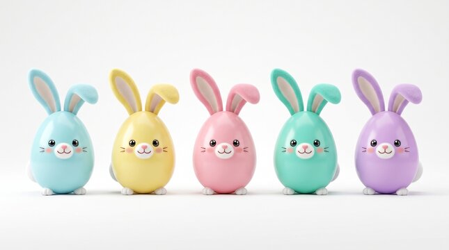 3D pastel easter bunny egg characters on white background 