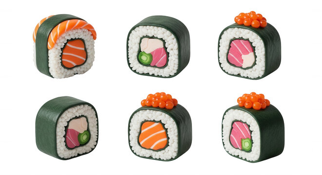 assorted sushi rolls on a white background close-up shot for food restaurant or culinary usage