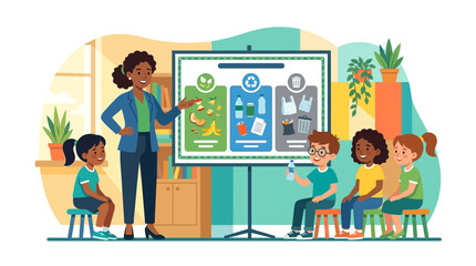 Fototapeta premium Primary school teacher explaining waste sorting and recycling to diverse children in classroom flat vector element
