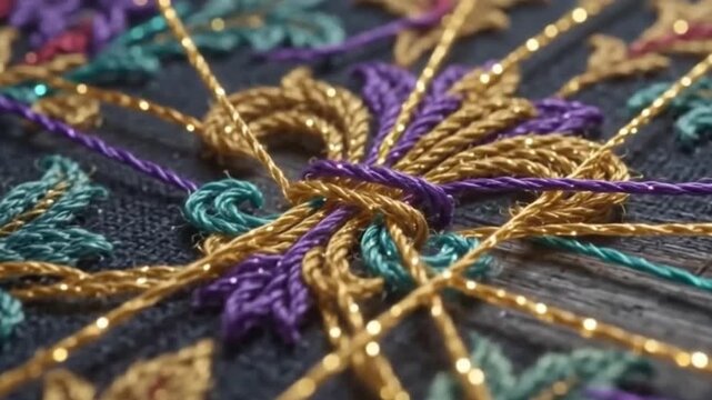 Intricate golden embroidery on dark fabric with purple and teal metallic threads in soft luxury studio lighting with sophisticated mood
