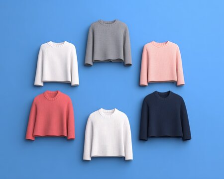 Five colorful knitted sweaters arranged in circle on blue background representing circular economy fashion and sustainable clothing industry concepts